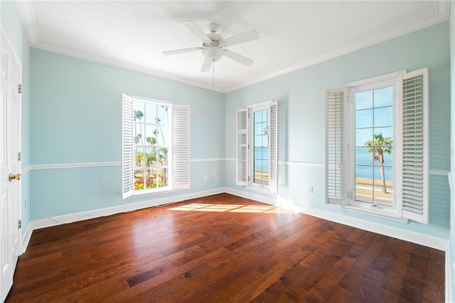 unfurnished room with hardwood / wood-style floors, ceiling fan, and crown molding