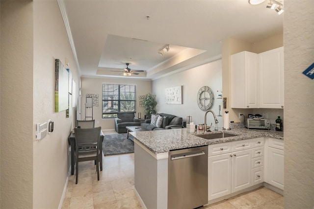 kitchen featuring stainless steel dishwasher, white cabinets, sink, and a tray ceiling