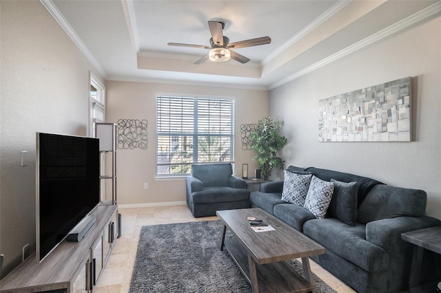 4221 W Spruce St Unit 2418, Tampa, FL 33607 - living area with ceiling fan, ornamental molding, a raised ceiling, and baseboards