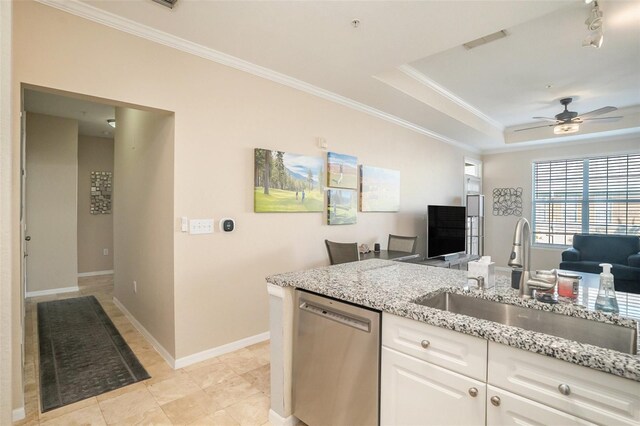 kitchen with white cabinetry, dishwasher, ceiling fan, light stone countertops, and sink