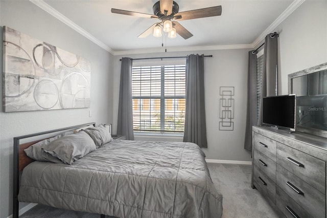 bedroom featuring ceiling fan, light colored carpet, and ornamental molding