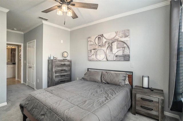 bedroom featuring light carpet, ceiling fan, and ornamental molding