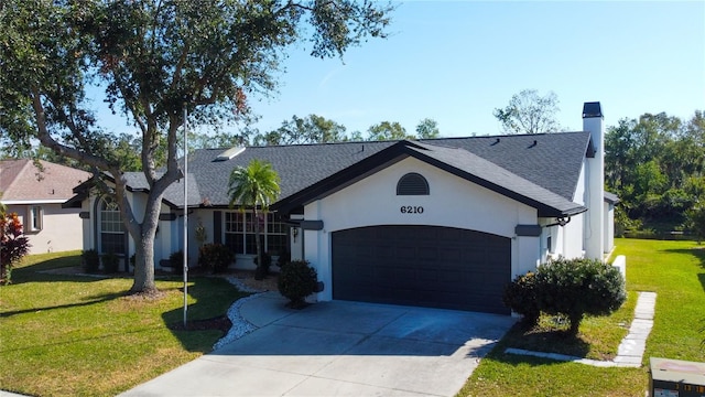 ranch-style home with a garage and a front yard