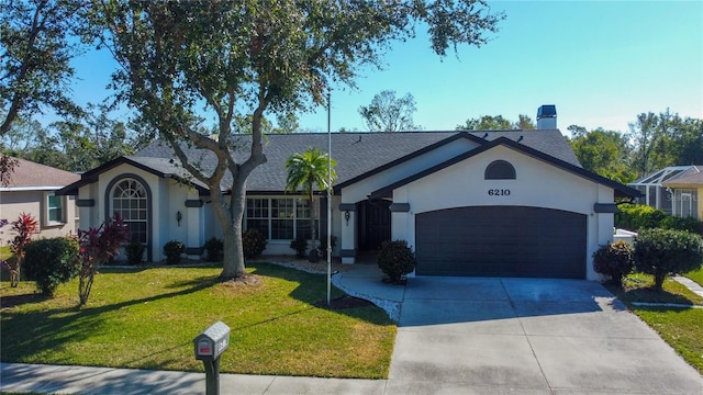 ranch-style house with a front yard and a garage