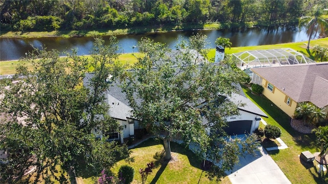 aerial view featuring a water view