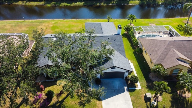 drone / aerial view featuring a water view