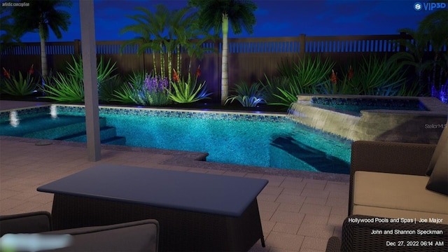 pool at twilight featuring an in ground hot tub, pool water feature, and a patio area