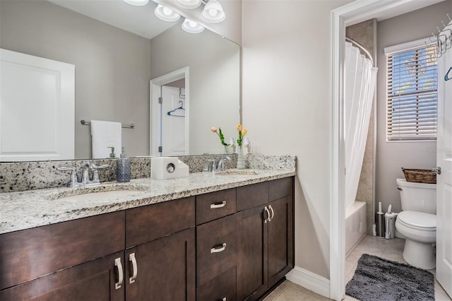 full bathroom featuring tile patterned flooring, vanity, toilet, and shower / bathtub combination with curtain