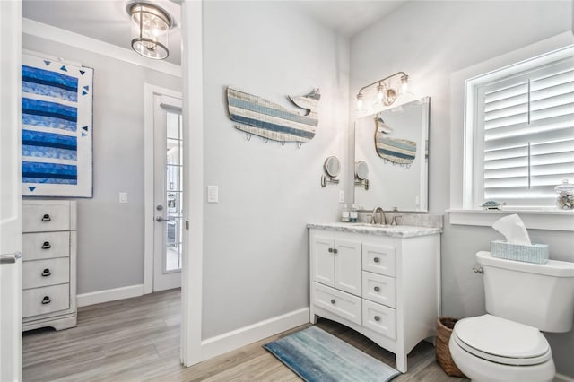 bathroom featuring vanity, toilet, and wood-type flooring