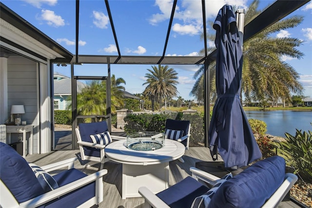 view of patio / terrace featuring a water view