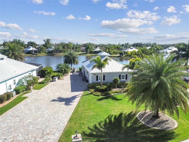 drone / aerial view featuring a water view