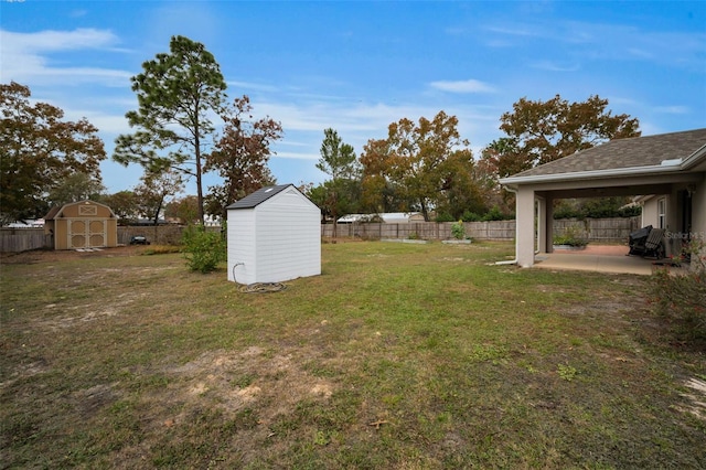 view of yard with a patio area and a shed