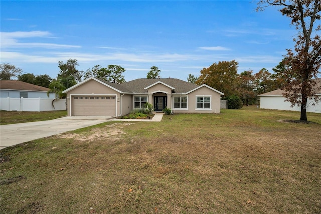 ranch-style house with a front yard and a garage