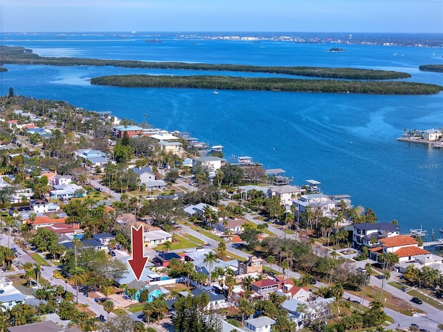 drone / aerial view with a water view