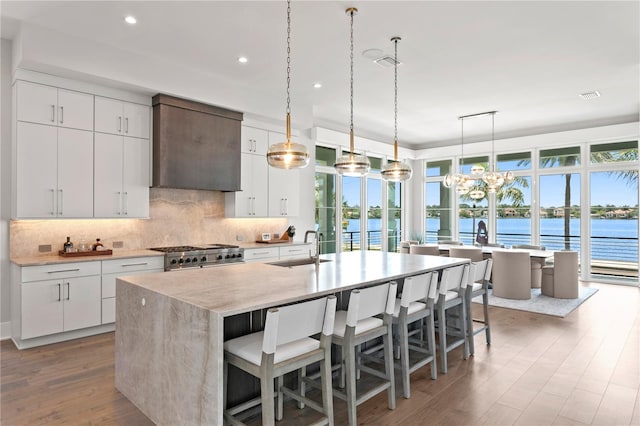 kitchen with a wealth of natural light, white cabinets, and stainless steel stove