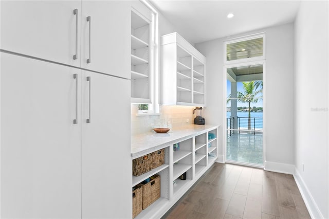 mudroom featuring hardwood / wood-style floors and a water view