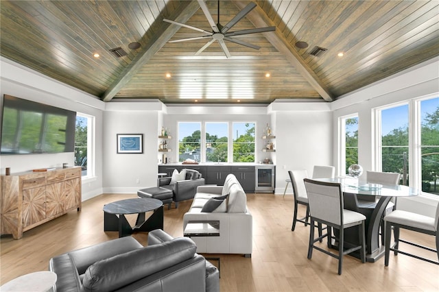 living room featuring light wood-type flooring, wine cooler, plenty of natural light, and wooden ceiling