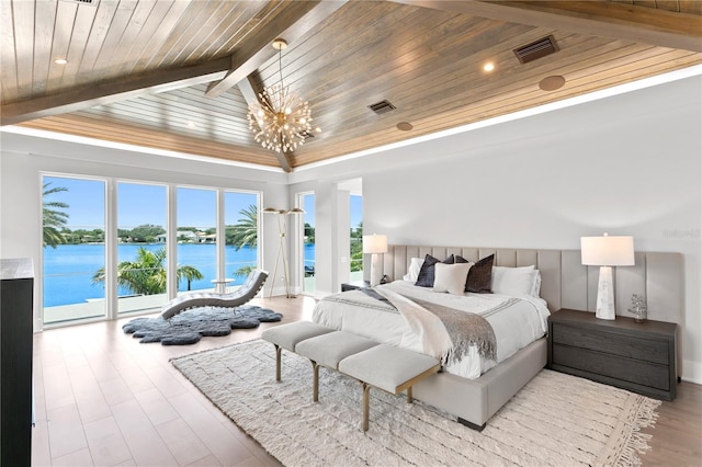 bedroom featuring lofted ceiling with beams, a water view, wooden ceiling, and a notable chandelier