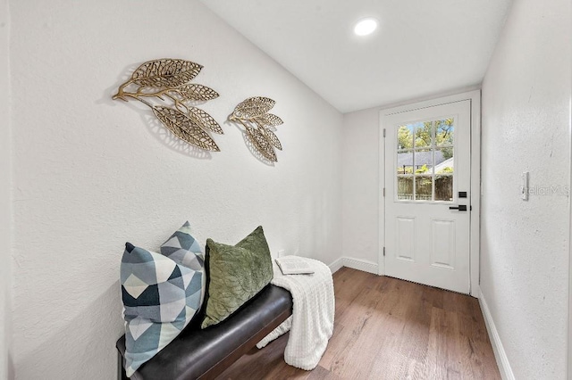 doorway featuring hardwood / wood-style floors and lofted ceiling