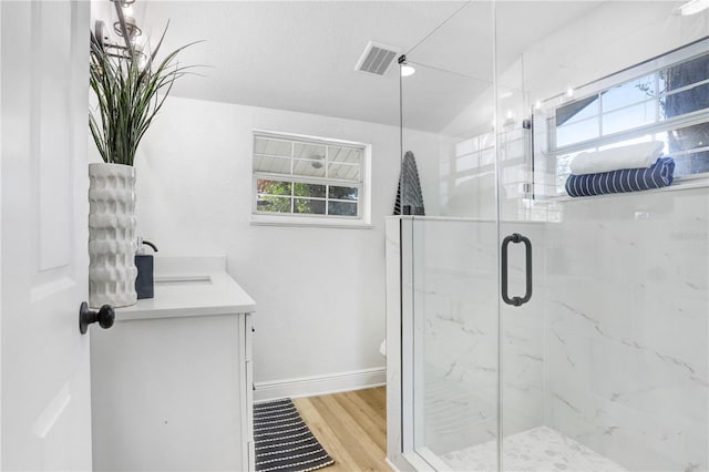 bathroom with vanity, wood-type flooring, and a shower with door