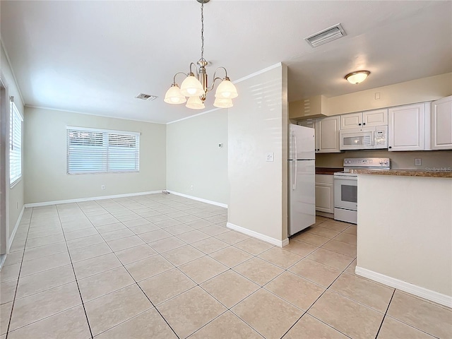 kitchen with white appliances, crown molding, a chandelier, white cabinetry, and hanging light fixtures