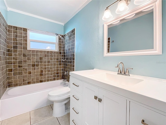 full bathroom with tile patterned flooring, tiled shower / bath combo, toilet, and crown molding