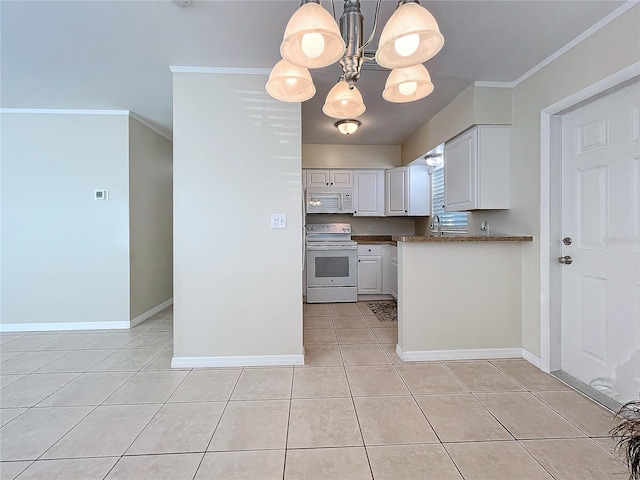 kitchen with pendant lighting, white appliances, white cabinets, crown molding, and light tile patterned flooring