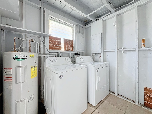 clothes washing area featuring electric panel, electric water heater, light tile patterned floors, and washer and dryer