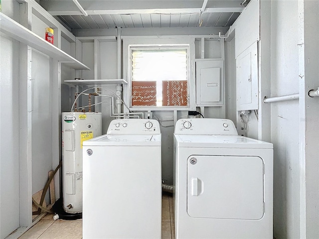 laundry area featuring independent washer and dryer, electric water heater, and light tile patterned floors