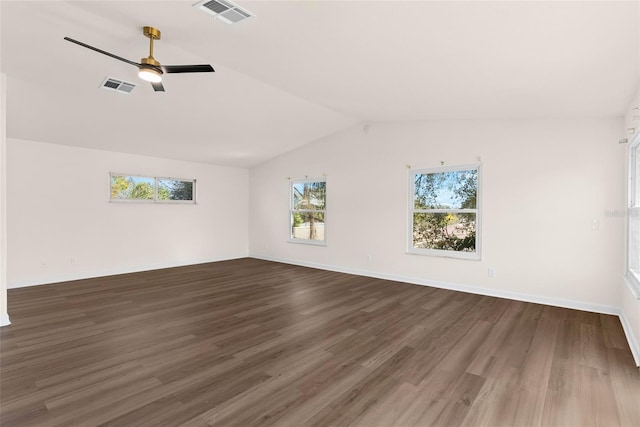 unfurnished room featuring ceiling fan, lofted ceiling, and dark hardwood / wood-style flooring