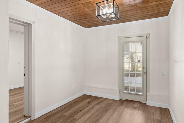 doorway to outside featuring an inviting chandelier, crown molding, hardwood / wood-style floors, and wood ceiling