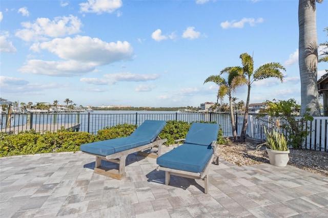 view of patio / terrace featuring a water view