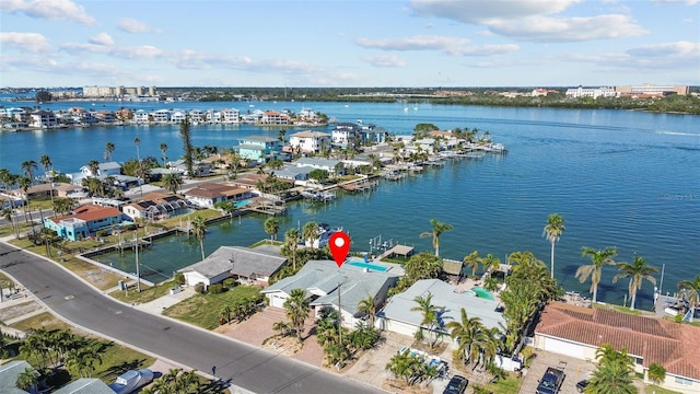 birds eye view of property featuring a water view