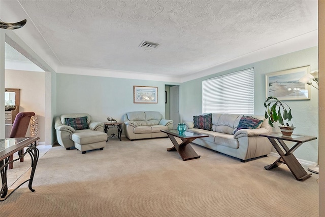 carpeted living room featuring a textured ceiling