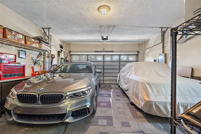 garage with electric panel and a garage door opener