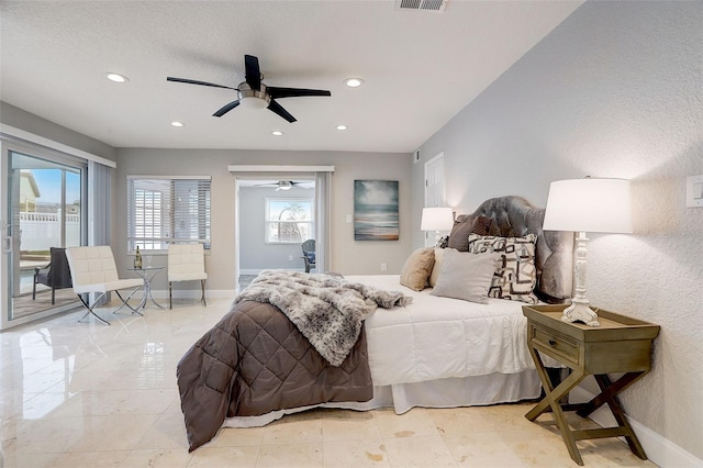 bedroom featuring access to outside and ceiling fan