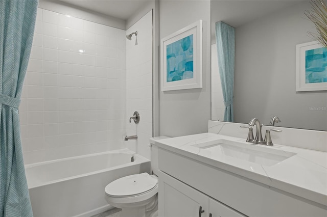 full bathroom with vanity, shower / bathtub combination with curtain, and toilet