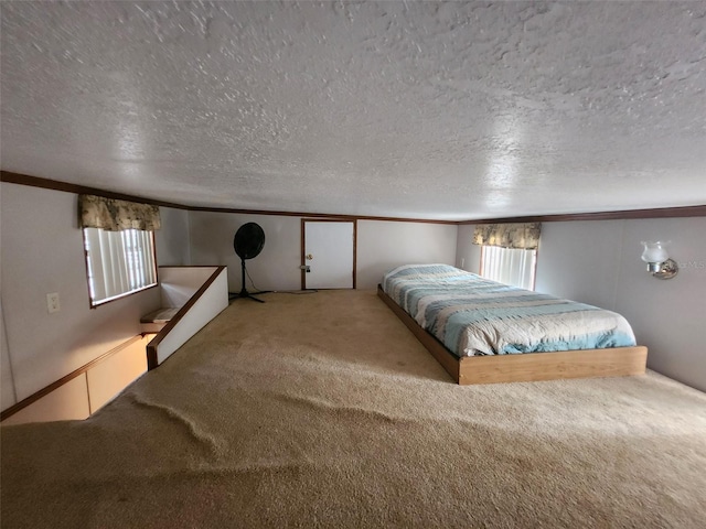 carpeted bedroom with multiple windows and a textured ceiling