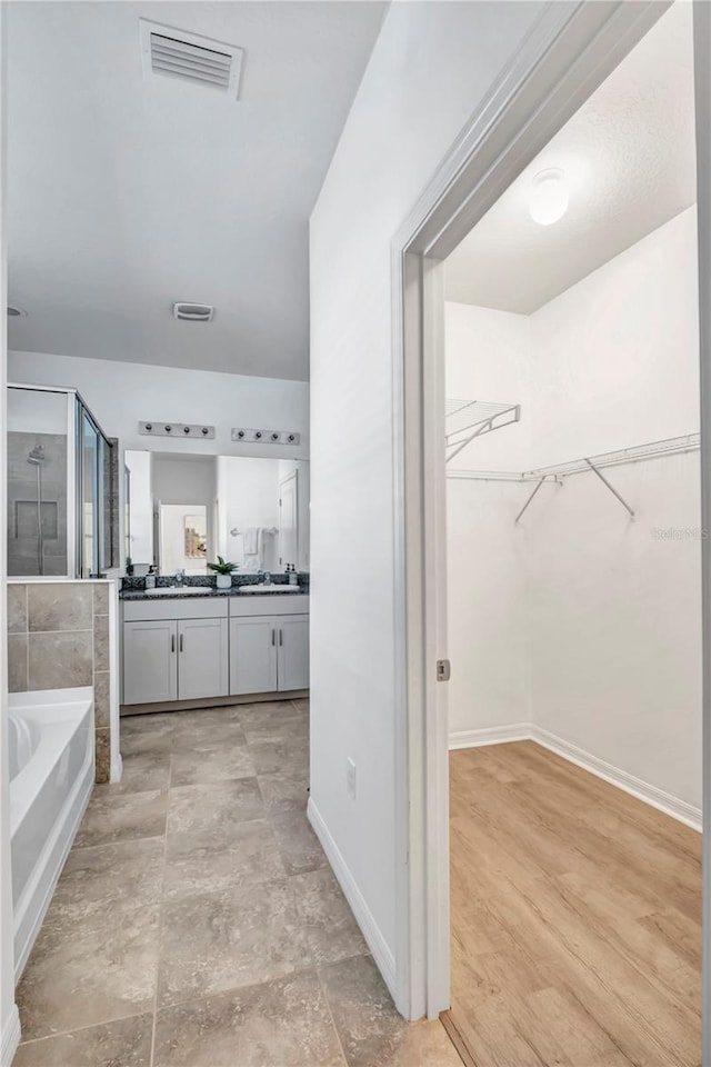 bathroom featuring vanity and independent shower and bath