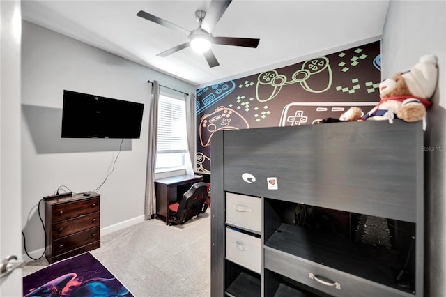 bedroom featuring ceiling fan and carpet floors