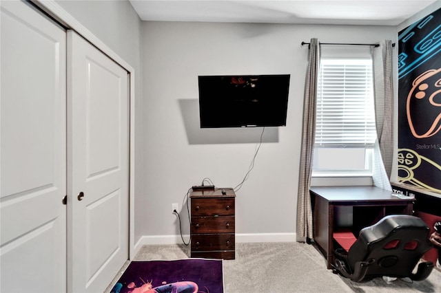 bedroom with multiple windows, a closet, and carpet floors