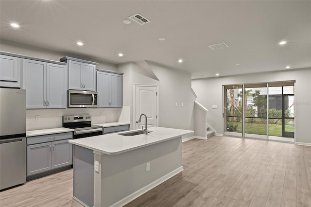 kitchen featuring gray cabinets, appliances with stainless steel finishes, tasteful backsplash, sink, and a kitchen island with sink