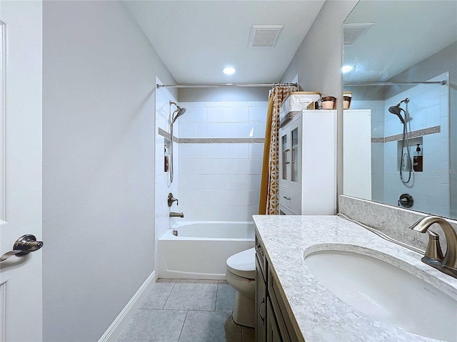 full bathroom featuring tile patterned floors, vanity, shower / tub combo, and toilet