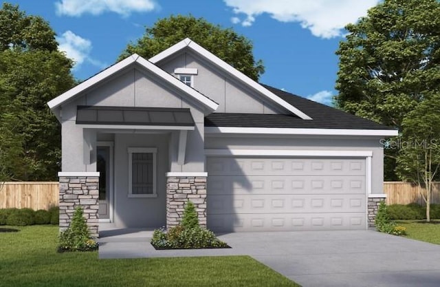 view of front of home with stucco siding, fence, a garage, stone siding, and driveway