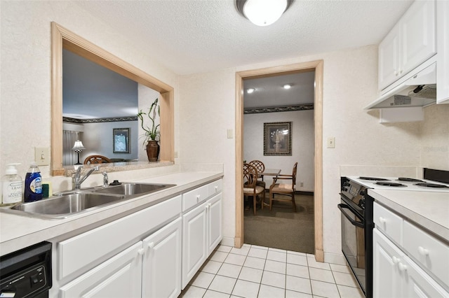 kitchen with white cabinets, electric range, dishwasher, and sink