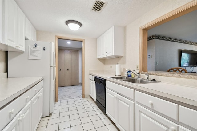 kitchen with white cabinetry, sink, black dishwasher, a textured ceiling, and light tile patterned floors