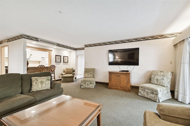 living room with carpet and a textured ceiling