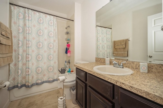 full bathroom with vanity, tile patterned flooring, shower / bathtub combination with curtain, and toilet