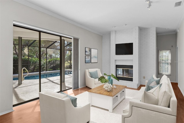 living room with a fireplace, light wood-type flooring, and crown molding