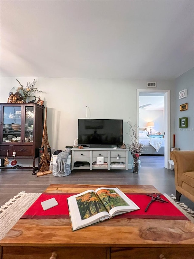 living room featuring dark wood-type flooring